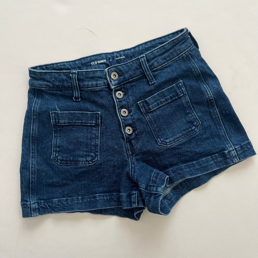 Old Navy High Rise Denim Shorts Women’s 4 Button Fly Patch Pockets